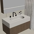 Modern Bathroom Vanity With White Countertop Wooden Cabinet Mirror Light Strip And Toiletries