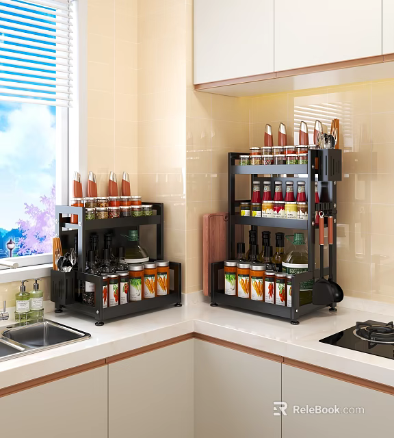 Organized Kitchen Counter With Spice Bottles On Black Multi Tier Storage Rack 3d model 