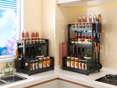 Organized Kitchen Counter With Spice Bottles On Black Multi Tier Storage Rack 3d model