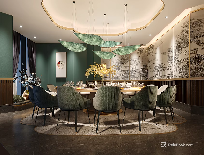 Luxury New Chinese Style Restaurant Private Dining Room With Round Table And Exquisite Decorations 3d model 
