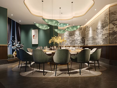 Luxury New Chinese Style Restaurant Private Dining Room With Round Table And Exquisite Decorations 3d model