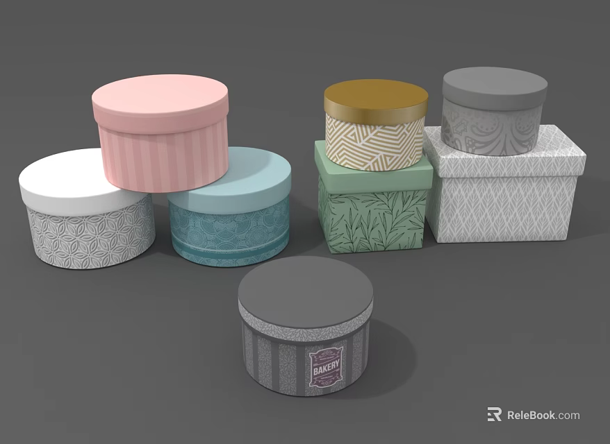 Colorful Decorative Boxes with Round Square Shapes Striped Leaf Patterns Stacked 3d model 