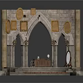 Medieval Stone Building Interior Design With Arched Doorways Circular Platform And Decorative Plaques