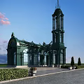Elegant Commercial Complex With Clock Tower Green Arched Structure Glass Facade And Paved Walkway 3d model