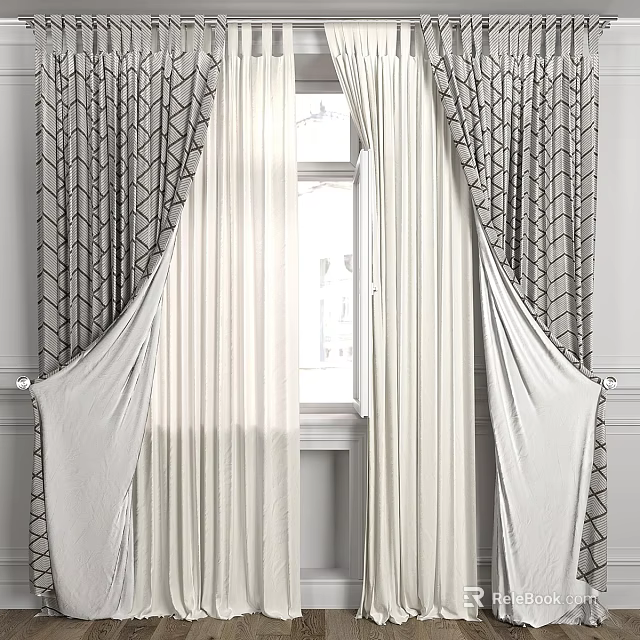 Elegant Double Layer Curtains With Geometric Pattern And Light Sheer For Window Decor 3d model 
