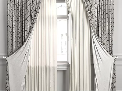 Elegant Double Layer Curtains With Geometric Pattern And Light Sheer For Window Decor 3d model