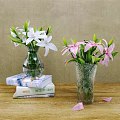 Transparent And Textured Vases With White Pink Lilies On Stack Of Books