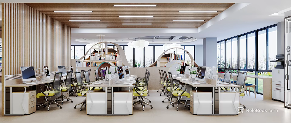 Modern Public Office Interior Design With Workstations Ergonomic Chairs And Large Windows 3d model 