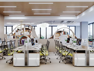 Modern Public Office Interior Design With Workstations Ergonomic Chairs And Large Windows 3d model