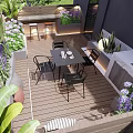 Modern Courtyard Garden with Wooden Deck Outdoor Dining Table Chairs and Colorful Flowers in Planters