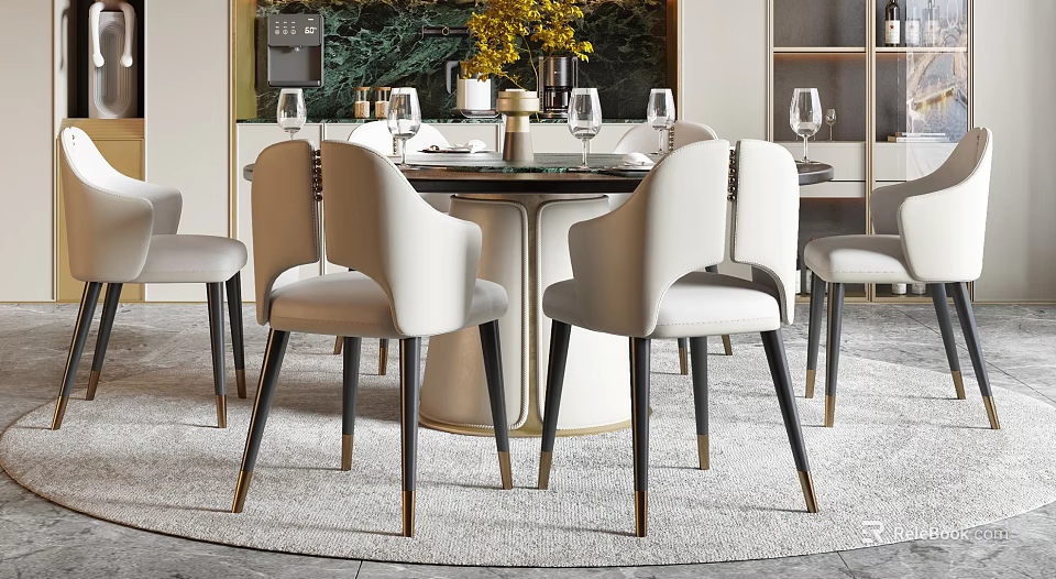 Elegant Dining Table and Chairs Set with White Seats Metal Legs Gold Accents Marble Backdrop 3d model 