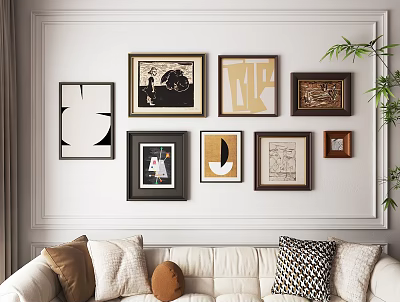Stylish Photo Wall With Various Frames On White Wall Abstract Graphics Artworks Sofa And Plants 3d model