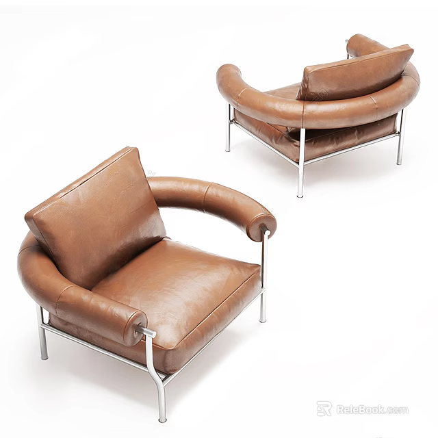 Brown Leather Single Sofa With Modern Design And Metal Frame Structure 3d model