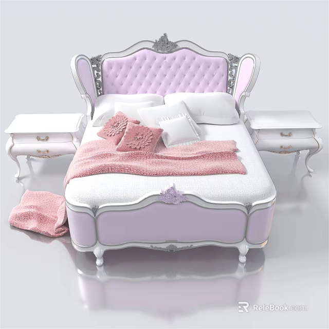 Elegant Double Bed With Pink Tufted Headboard Nightstands And Decorative Pillows 3d model 