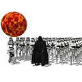 Game Movie Character Darth Vader Leading Stormtroopers Near Red Fiery Planet