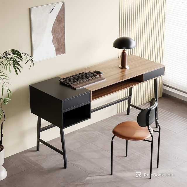 Modern Wooden Desk With Black Frame Keyboard Table Lamp Brown Leather Chair And Green Plant 3d model 