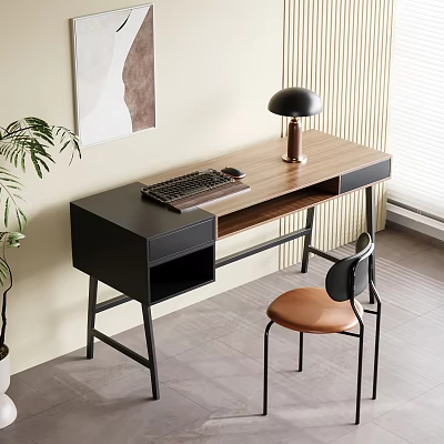 Modern Wooden Desk With Black Frame Keyboard Table Lamp Brown Leather Chair And Green Plant 3d model