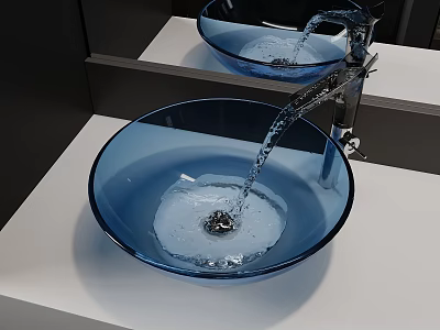 Blue Glass Washbasin with Running Water Faucet on White Countertop and Mirror 3d model