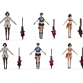 3D Game and Movie Character Models with Various Costumes and Weapon Details