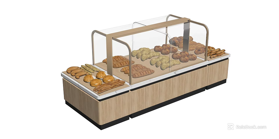 Wooden Display Shelving With Glass Cover For Assorted Bread And Pastries 3d model 