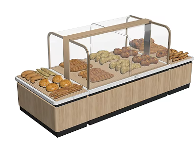Wooden Display Shelving With Glass Cover For Assorted Bread And Pastries 3d model