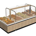 Wooden Display Shelving With Glass Cover For Assorted Bread And Pastries