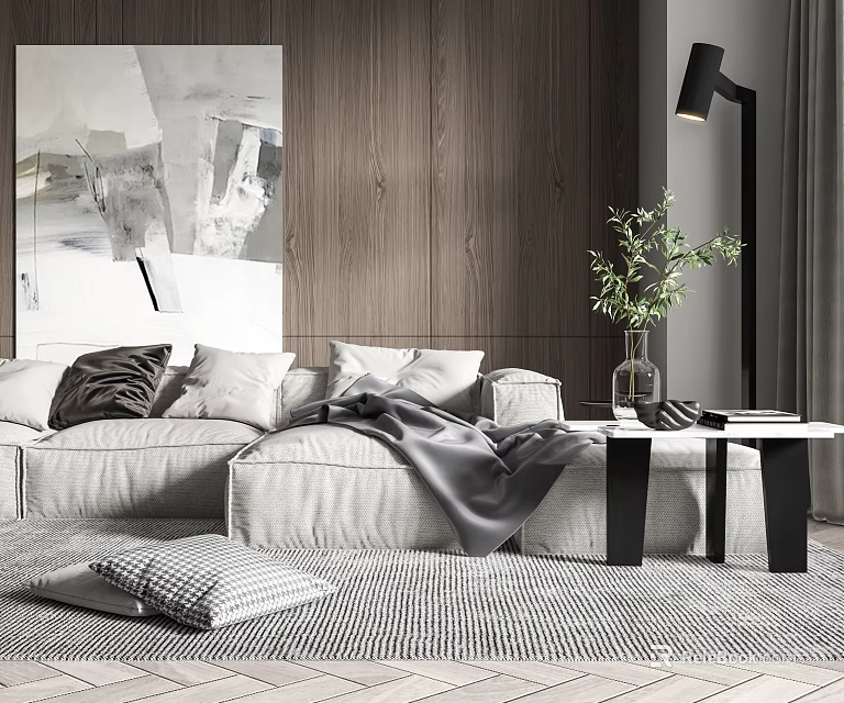 Sectional Sofa with Pillows Blanket Wooden Wall Abstract Art Floor Lamp Greenery and Coffee Table 3d model 