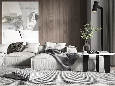 Sectional Sofa with Pillows Blanket Wooden Wall Abstract Art Floor Lamp Greenery and Coffee Table 3d model