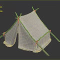 Handmade Camping Tent With White Fabric And Wooden Support Poles