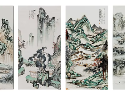 Traditional Chinese Landscape Painting With Scenic Mountains Flowing Water Green Trees And Ancient Pavilions 3d model