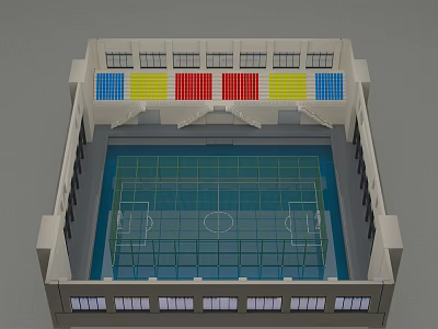 Football Stadium With Colored Seats Blue Yellow Red Stands And Green Grass Pitch 3d model