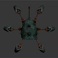 Teal Mechanical Creature With Spikes Red Glowing Core And Metal Legs Adorned With Circular Decorations