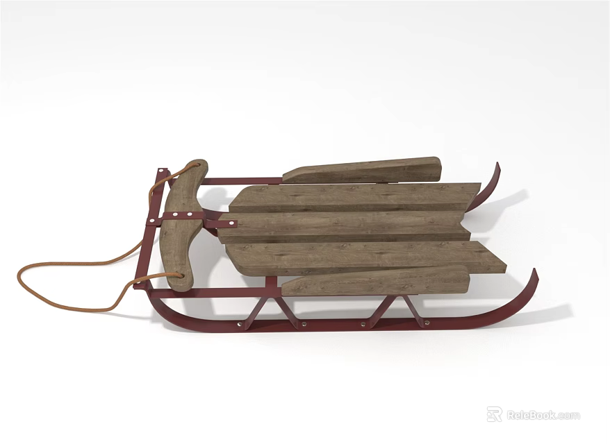 Playground Equipment Wooden Sled With Red Metal Frame And Wooden Seat Rope Handle 3d model 