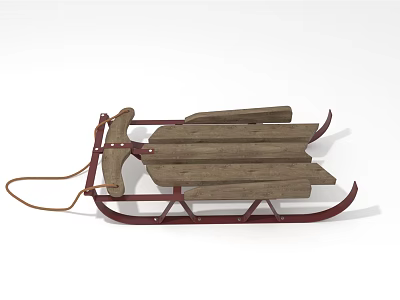Playground Equipment Wooden Sled With Red Metal Frame And Wooden Seat Rope Handle 3d model