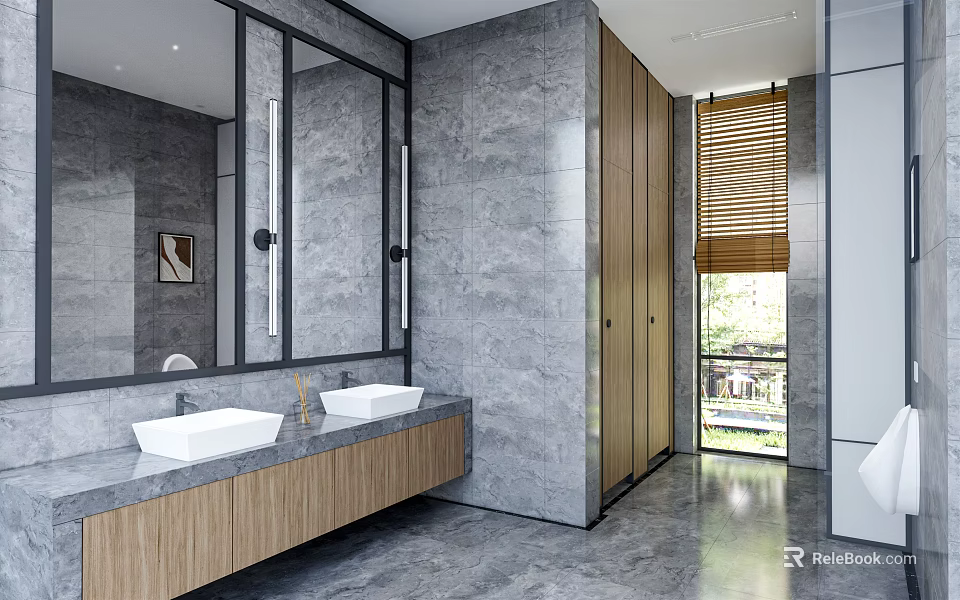 Modern Public Restroom With Double Sinks Wooden Cabinets Large Mirrors Gray Walls And Natural Light 3d model 