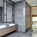 Modern Public Restroom With Double Sinks Wooden Cabinets Large Mirrors Gray Walls And Natural Light