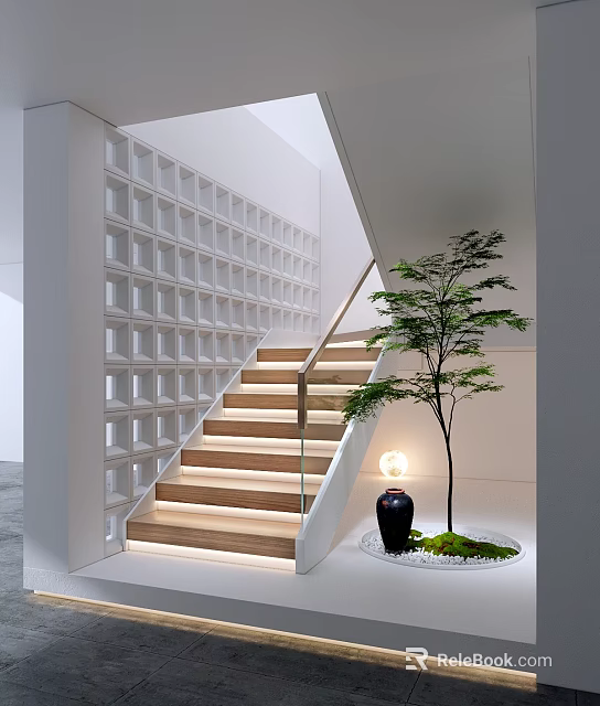 Modern Interior Staircase Design With Wooden Steps Glass Railing White Grid Wall And Potted Tree 3d model 