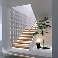 Modern Interior Staircase Design With Wooden Steps Glass Railing White Grid Wall And Potted Tree