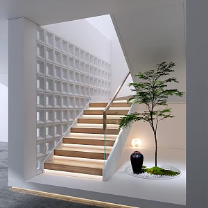 Modern Stair Glass Handrail Stair Cement Brick Partition Landscape Plants 3d model