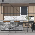 Modern Elegant Restaurant Interior With Marble Bar Counter Bar Stools Wooden Wall And Hanging Lights