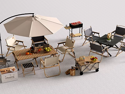 Functional Outdoor Table Setup With Umbrella Chairs Grill And Fruits Cart 3d model