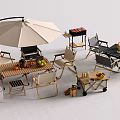 Functional Outdoor Table Setup With Umbrella Chairs Grill And Fruits Cart