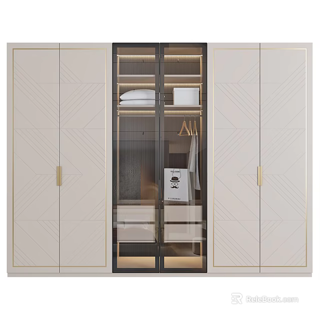 Elegant Modern Beige Wardrobe With Glass Doors Gold Handles And Clothing Storage Interior 3d model 