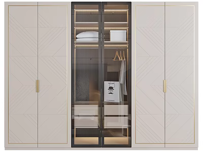 Elegant Modern Beige Wardrobe With Glass Doors Gold Handles And Clothing Storage Interior 3d model