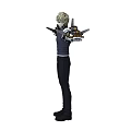 Human Character With Blonde Hair And Mechanical Arms Wearing Dark Clothing Standing