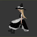 Witch Character Sitting On Broom With Black Hat And White Apron Dress