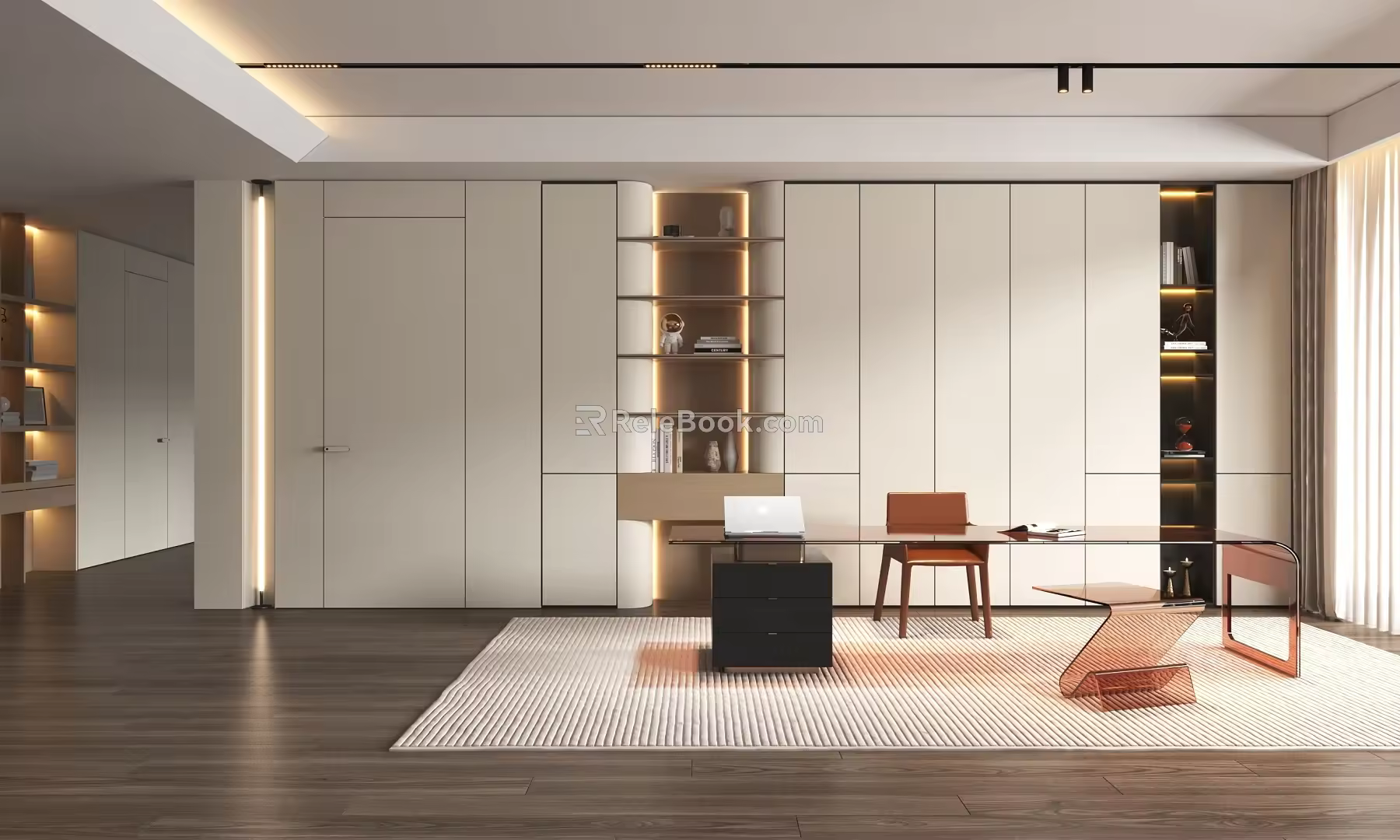 Study Bookcase Computer Desk Invisible Door Background Wall Curved Bookcase 3d model