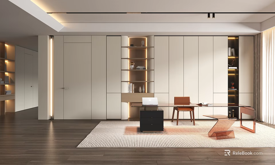 Modern Study Room Interior With White Cabinets Bookshelves Wooden Desk Chair And Area Rug 3d model 