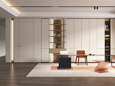 Modern Study Room Interior With White Cabinets Bookshelves Wooden Desk Chair And Area Rug 3d model