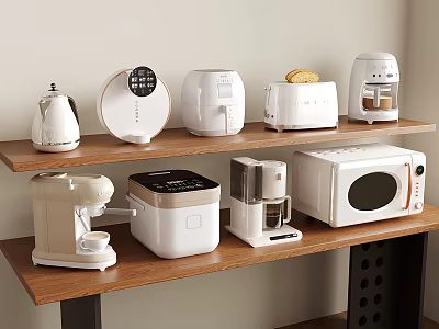 Neatly Displayed Kitchen Appliances Including Toaster Microwave Coffee Maker On Wooden Shelves 3d model